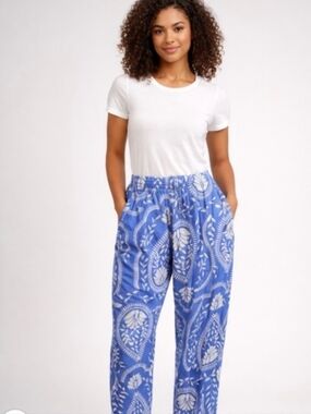Joie 100% Linen Wide Leg Pants Womens Large Blue Paisley Crop Elastic Waist